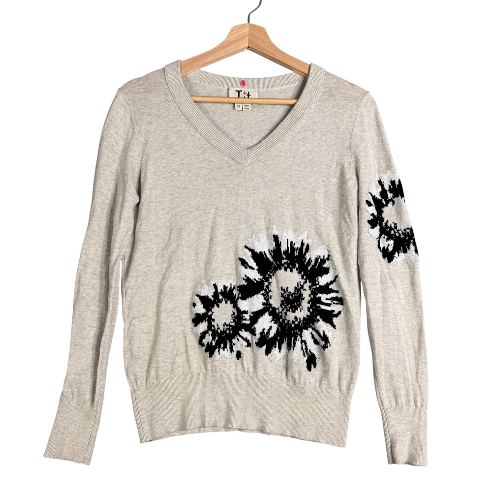 L+t Womens Size XS Oatmeal Beige Cotton V-Neck Intarsia Floral Pullover Sweater